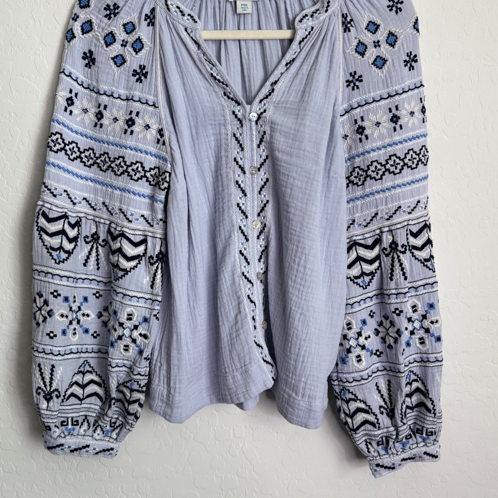 Sundance Blue Embroidered Cotton Gauze Peasant Blouse Balloon Sleeve PXS Boho - Picture 6 of 10